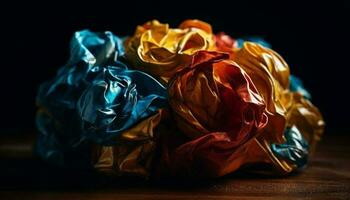 reciclaje antiguo papel un estropeado, arrugado, multi de colores todavía vida generado por ai foto