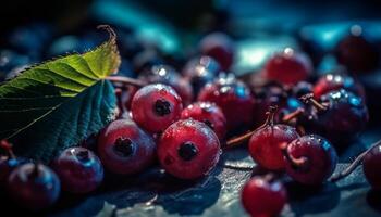 jugoso baya soltar en rústico madera, un refrescante otoño bocadillo generado por ai foto