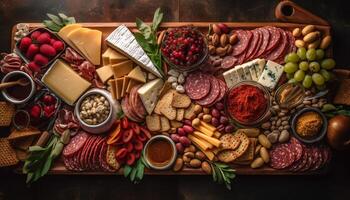 A rustic buffet with an abundance of gourmet meat variations generated by AI photo