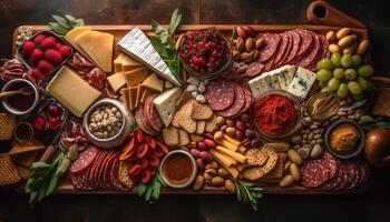 un rústico buffet con un abundancia de gastrónomo carne variaciones generado por ai foto