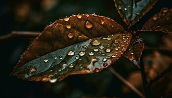 Fresh dew drops on vibrant green leaf, nature beauty shines generated by AI photo