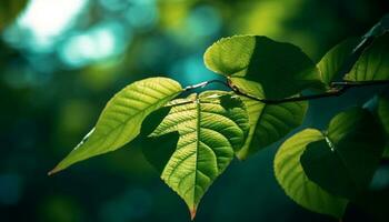 Fresco verde hojas en rama, vibrante colores de naturaleza crecimiento generado por ai foto