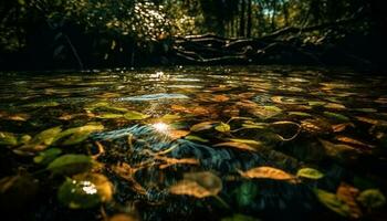 el tranquilo escena de un bosque estanque, reflejando otoño belleza generado por ai foto