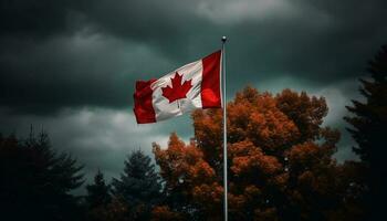 The majestic Canadian flag waves proudly over the autumn landscape generated by AI photo