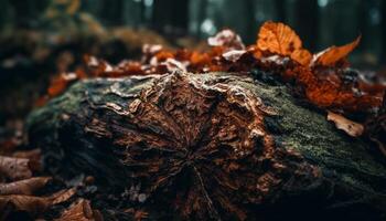 Autumn leaves cover forest floor, tree branches reach for sunlight generated by AI photo