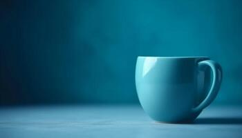 A fresh, hot cappuccino in a blue mug on wooden table generated by AI photo