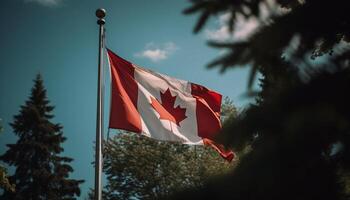 canadiense bandera olas con orgullo en alto polo en contra azul cielo generado por ai foto