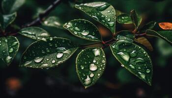 Fresh dew drops on green leaf, nature beauty in close up generated by AI photo