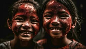 Two young women with toothy smiles enjoy playful bonding outdoors generated by AI photo