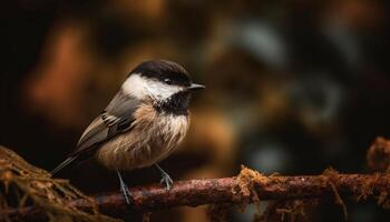 Great tit perching on twig, looking away in tranquil forest generated by AI photo