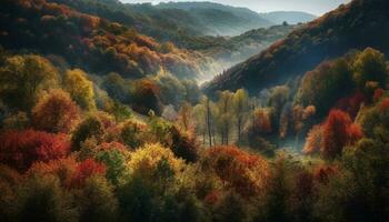 Vibrant autumn landscape multi colored trees, fog, and mountain peaks generated by AI photo