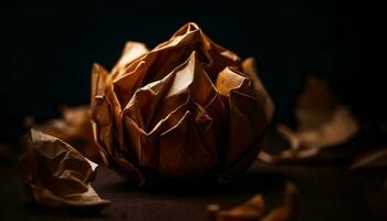 Crushed paper ball in rustic wastepaper basket, rejected creativity generated by AI photo