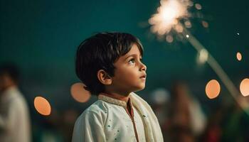 Boys and girls playing under illuminated Christmas lights, pure joy generated by AI photo