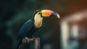 The vibrant toucan perches on a branch in the forest generated by AI photo