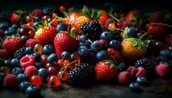 Fresh, ripe berry collection on rustic wooden table for dessert generated by AI photo