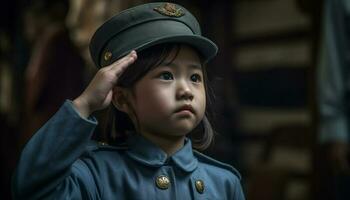 retrato de un lindo, confidente chico en Ejército uniforme al aire libre generado por ai foto