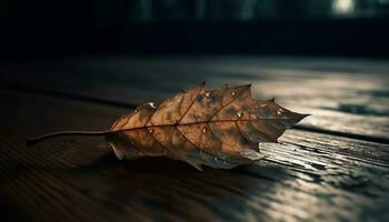 Autumn leaves on old wooden table create rustic backdrop design generated by AI photo