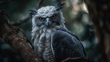 The great horned owl perches on branch, staring spooky eyes generated by AI photo