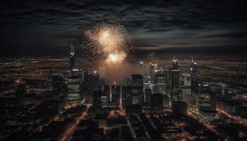 un vibrante ciudad horizonte explota con vistoso fuegos artificiales a oscuridad generado por ai foto