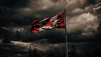 canadiense bandera ondulación majestuosamente en contra dramático cielo, símbolo de patriotismo generado por ai foto