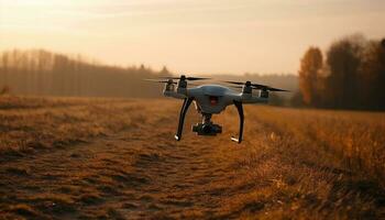 Drone hovering mid air captures digitally generated sunset over forest generated by AI photo