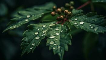 Fresh dew drops on green leaves, nature vibrant beauty shines generated by AI photo