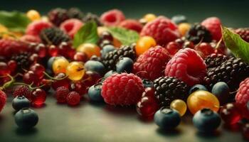 Fresh, ripe berries adorn the wooden table in summer season generated by AI photo