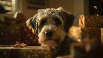 A cute purebred terrier puppy sitting on a table indoors generated by AI photo