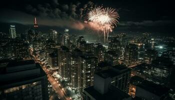 Fourth of July fireworks explode over modern city skyline at night generated by AI photo