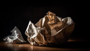 Rejected ideas crumpled into a ball, destined for the wastepaper basket generated by AI photo