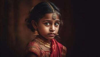 A beautiful Indian woman in traditional sari, smiling with elegance generated by AI photo