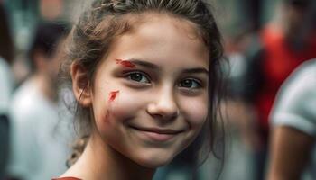 un alegre niña con un con dientes sonrisa disfruta cara pintar al aire libre generado por ai foto