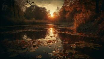 Tranquil dusk reflects vibrant autumn colors in rural meadow beauty generated by AI photo