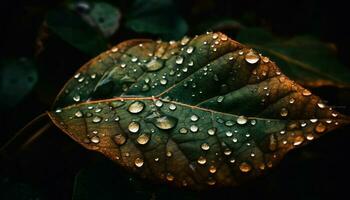 Vibrant green leaf with dew drop reflects beauty in nature generated by AI photo