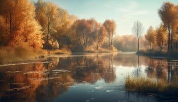 The vibrant autumn tree reflects in tranquil water, a serene scene generated by AI photo