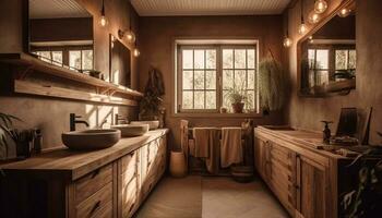 Modern elegance meets rustic charm in luxurious domestic bathroom design generated by AI photo