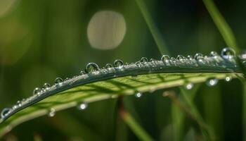 Fresh dew drops on vibrant green leaf, nature beauty revealed generated by AI photo