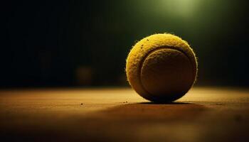 Yellow tennis ball competes on black background, motion blurred generated by AI photo