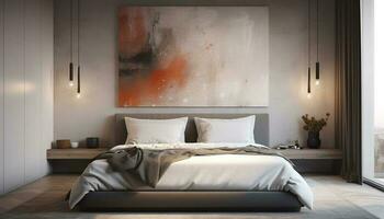 moderno lujo dormitorio cómodo lecho, elegante diseño, y brillante Encendiendo generado por ai foto