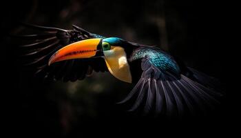 The vibrant toucan perches on a branch in the rainforest generated by AI photo