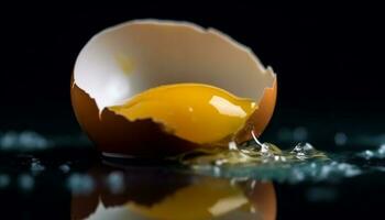 frágil cáscara de huevo se rompe, revelador Fresco amarillo proteína para sano comiendo generado por ai foto