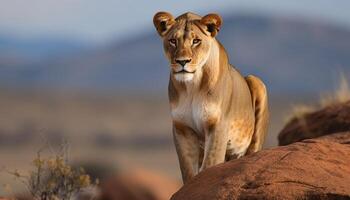 Majestic lioness in the wilderness area, endangered beauty in nature generated by AI photo