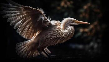 cerca arriba de garceta pico y pluma en tranquilo pantano generado por ai foto