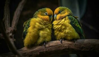 Vibrant gold and blue macaw perching on branch, looking cute generated by AI photo