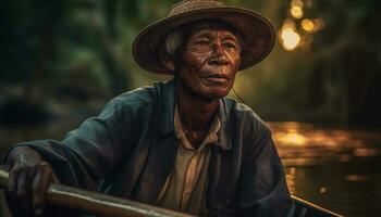 Smiling senior farmer enjoys relaxation and adventure in rural scene generated by AI photo