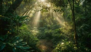 un tranquilo escena en el tropical selva a amanecer generado por ai foto
