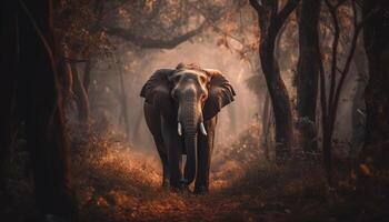 The majestic African elephant walks through the tranquil forest generated by AI photo