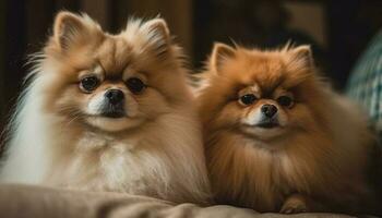 Purebred Pomeranian puppy sitting, looking at camera with fluffy fur generated by AI photo