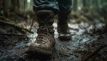 uno persona excursionismo en el bosque con sucio excursionismo botas generado por ai foto