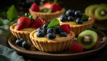 Freshly baked berry tart with blueberry and raspberry indulgence generated by AI photo